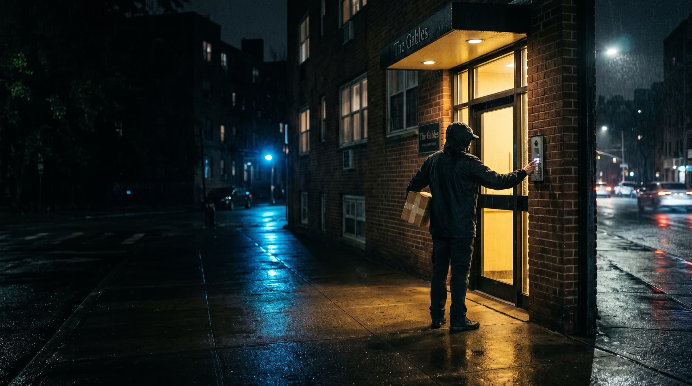 A courier at a lit apartment entrance in the rain at night, reaching for the intercom panel