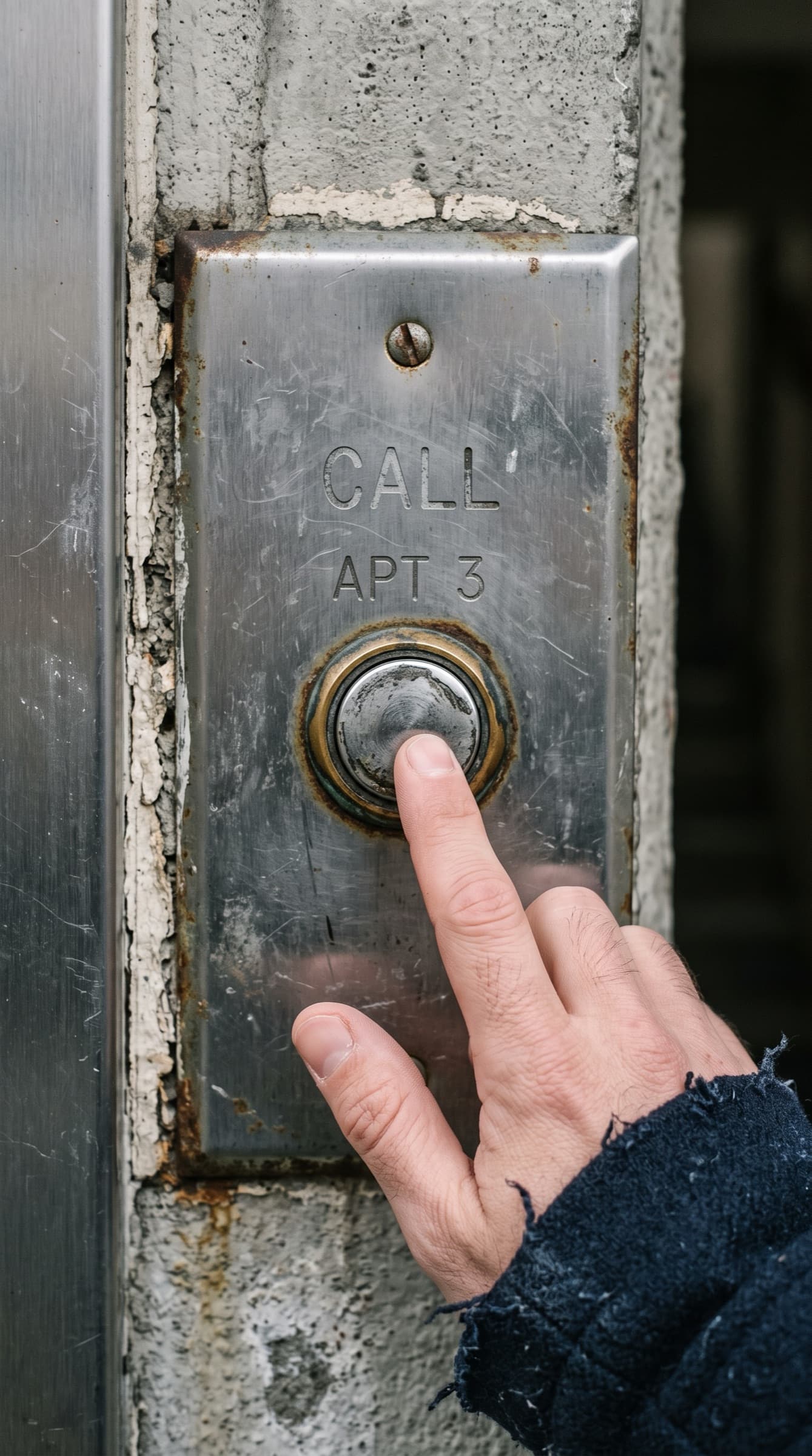 A finger about to press the worn call button on a steel entry plate marked CALL APT 3