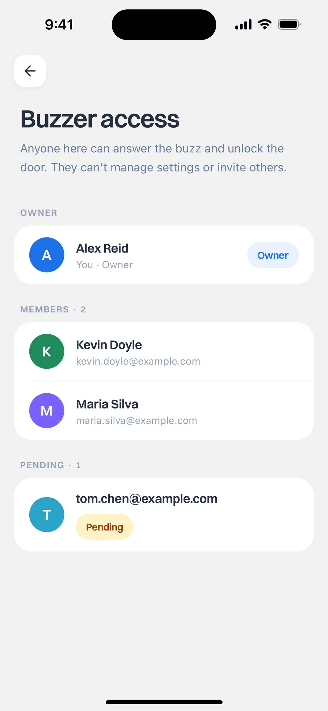 The BuzzMeUp access list showing an owner, two members and one pending invitation
