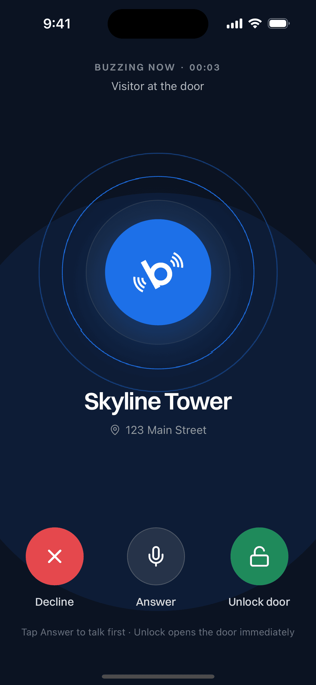 The BuzzMeUp resident app showing a live buzz at Skyline Tower, with Decline, Answer and Unlock door actions