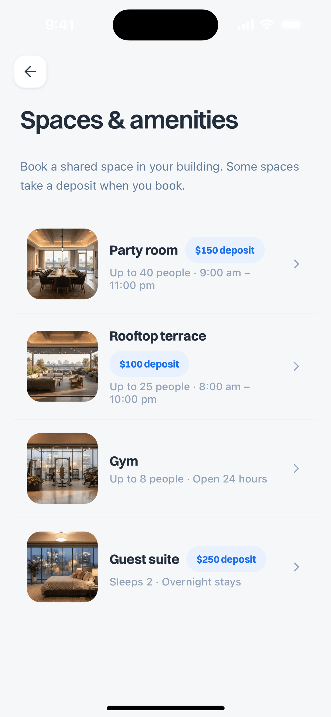 The BuzzMeUp spaces and amenities list showing a party room, rooftop terrace, gym and guest suite with their deposits